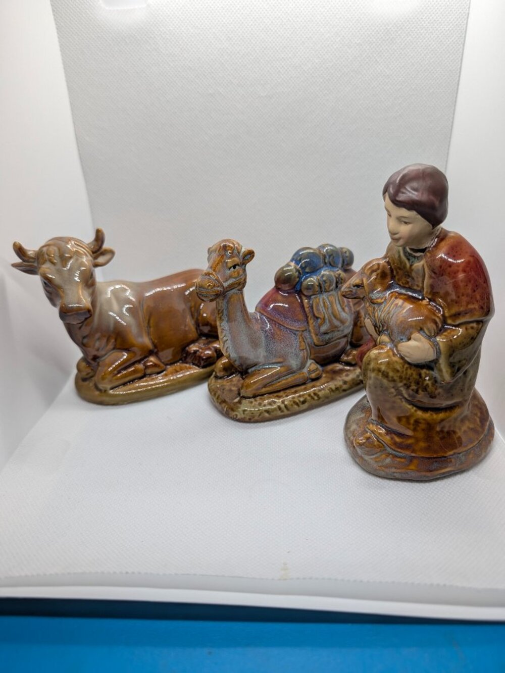 Avon 2011 3-Piece Nativity Set Shepherd, Camel & Cow Glazed Pottery Christmas